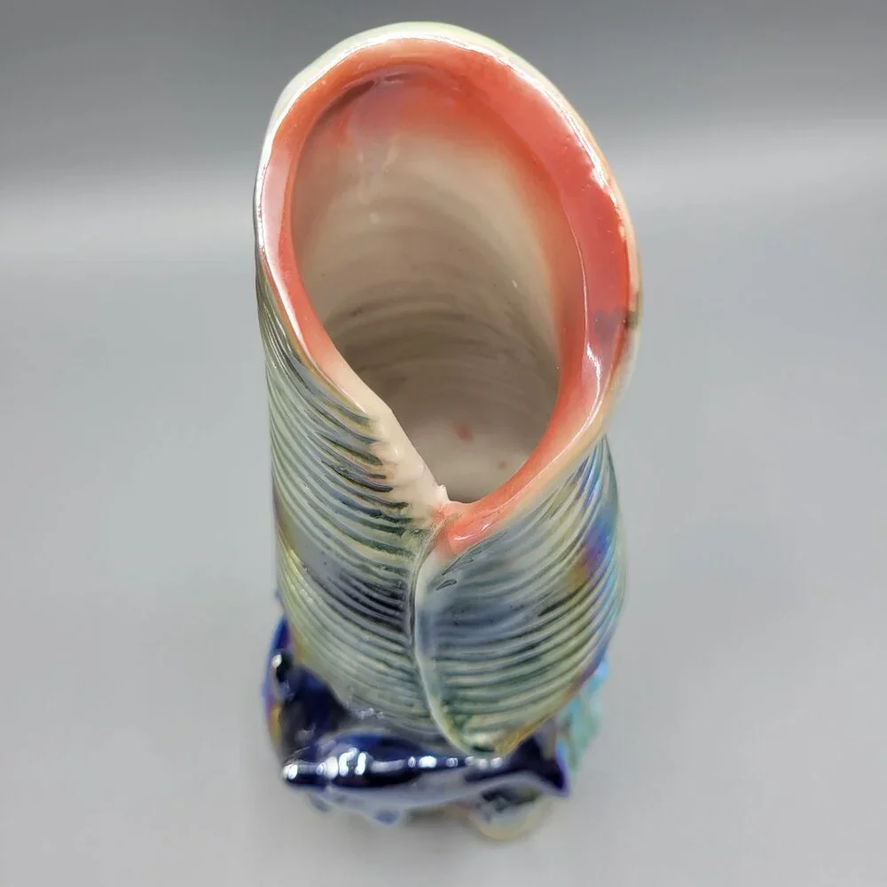 Vintage Iridescent Ceramic Vase Shell Shape Ocean Inspired Design 7.5
